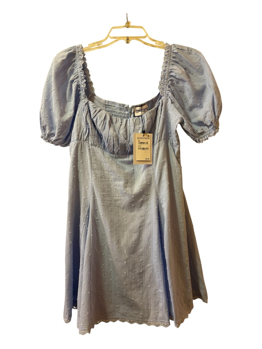 NWT Princess Polly Light Blue Swiss Dot Puff Sleeve Mini Dress